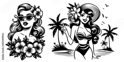 sexy silhouette of pinup girl in retro style black vector