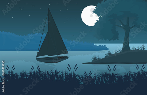 Dark blue boat with sail in night.  River isolated on daark blue background, Moonlight lanscape vector illustration.