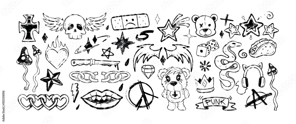 Charcoal graffiti doodle punk symbols. Hand drawn black crayon hard rock stickers with skeleton head, fly agaric, headphones, emo gothic heart and broken chains. Chalk pencil heavy metal music icons