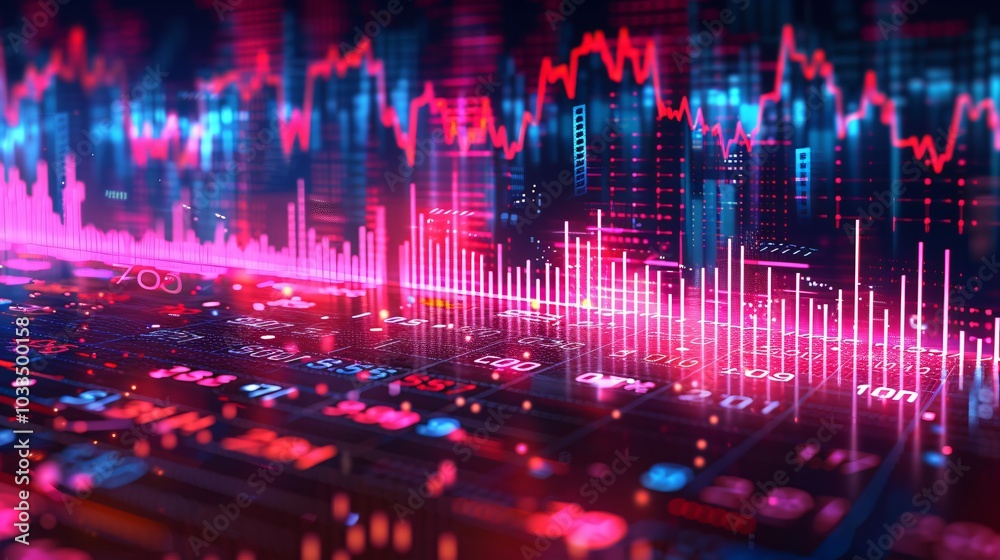 Fototapeta premium A dynamic candlestick chart displaying fluctuations in stock market data, illustrating trends and price movements. This image highlights the volatility and analysis essential for traders and investors
