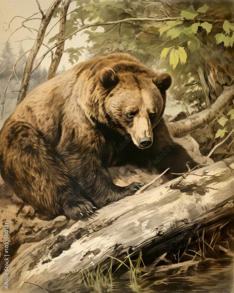 Detailed artwork depicting a brown bear standing on a fallen log in a forest setting, capturing the natural and rugged wilderness Detailed artwork depicting a brown bear standing on a fallen log in a forest setting, capturing the natural and rugged wilderness