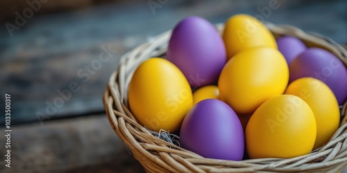 Yellow and purple Easter eggs in a basket. The idea of a holiday and a joyful Easter.
