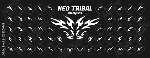 Vector set of neo tribal y2k shapes. Neotribal gothic style tattoo, cyber sigilism sharp elements, abstract symmetrical body ornament. White heart and butterfly silhouette, celtic emo goth decoration