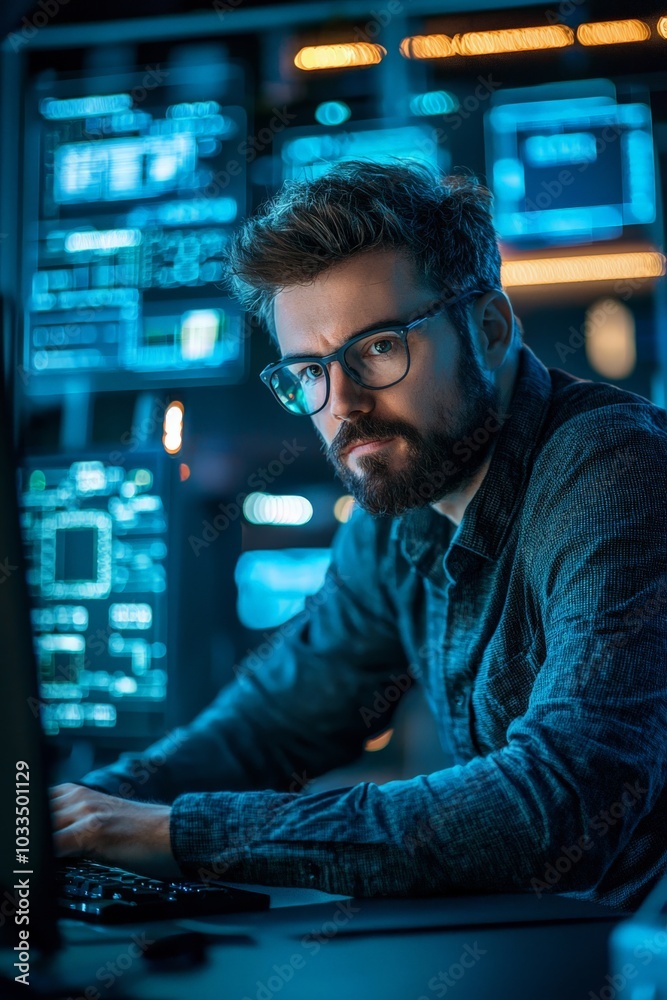 Portrait of an ethical hacker analyzing vulnerabilities on a secure network in a modern workspace Portrait of an ethical hacker analyzing vulnerabilities on a secure network in a modern workspace