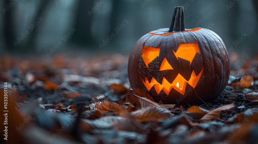 A close-up of a grinning jack-o'-lantern, its carved face flickering with an ominous glow, set against a backdrop of swirling autumn leaves A close-up of a grinning jack-o'-lantern, its carved face flickering with an ominous glow, set against a backdrop of swirling autumn leaves