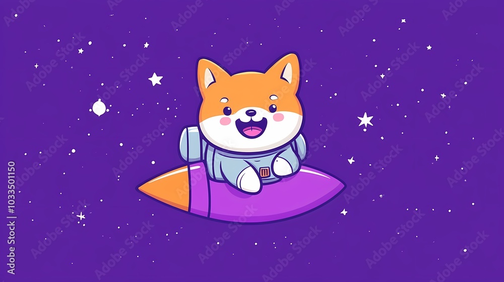 Cute cartoon Shiba Inu in a rocket in space, joyful expression against a starry background.