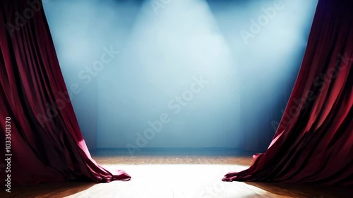 The stage is empty and the red curtain is open, revealing a blank stage. The curtains are red and the lighting is dim, creating a dramatic atmosphere