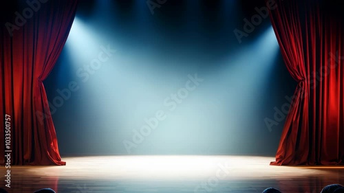 The stage is empty and the red curtain is open, revealing a blank stage. The curtains are red and the lighting is dim, creating a dramatic atmosphere