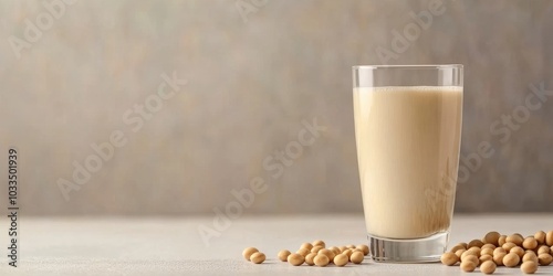 Soy milk in a glass and soybeans on a white table, alternative milk, healthy concept.