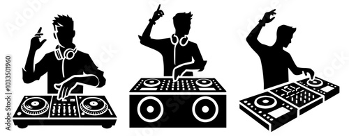 black silhouette of a DJ at a mixing console in dynamic pose