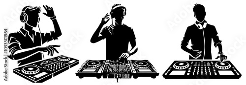 black silhouette of a DJ at a mixing console in dynamic pose