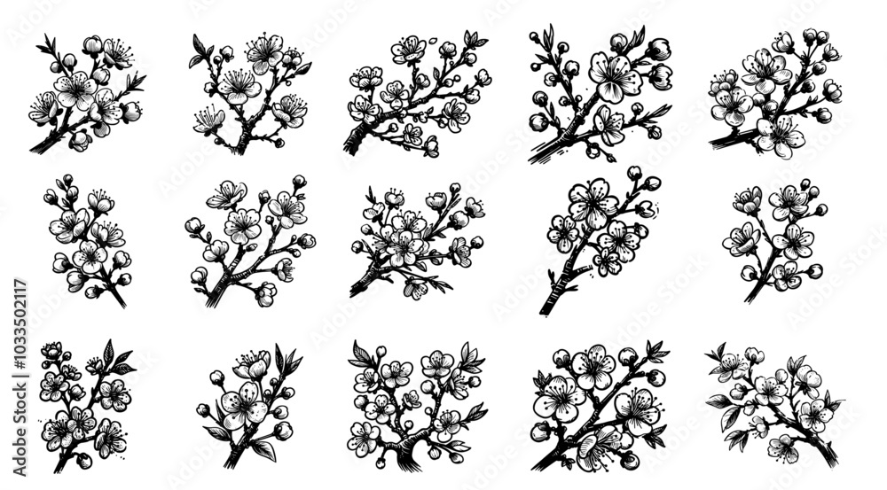 Fototapeta premium botanical collection of flowering branches in vintage sketch style
