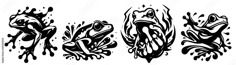 expressive frog portrait in cartoon logo design with various body positions expressive frog portrait in cartoon logo design with various body positions