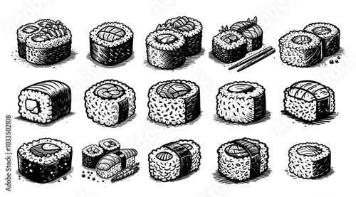 sushi icons in line art style, black vector set of illustrations