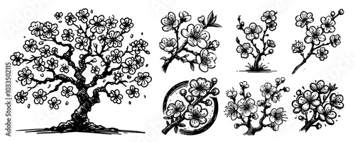 delicate floral branches illustration set in hand-drawn black vector