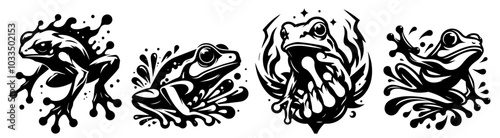 expressive frog portrait in cartoon logo design with various body positions