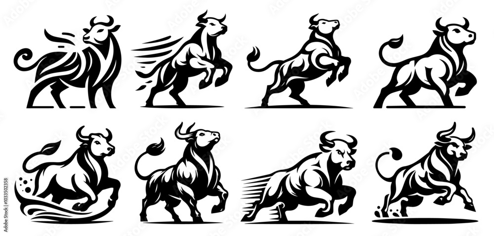 collection of fierce bull designs in different stances logo style vector collection of fierce bull designs in different stances logo style vector