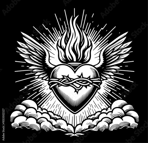 flaming sacred heart with wings and rays hand-drawn black vector illustration