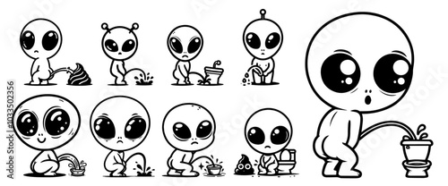 collection of alien designs in different stances black vector
