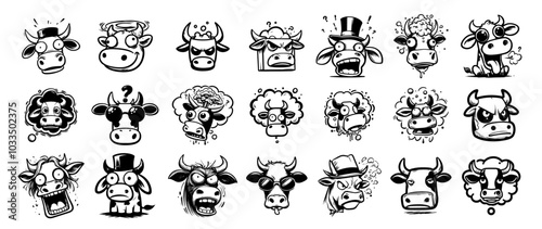 ariety of emotional cow caricatures black vector design