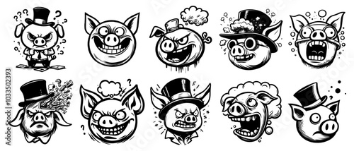 collection of humorous pig faces in cartoon style black vector