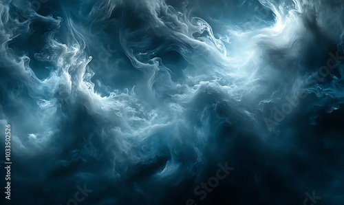 A swirling, dramatic display of dark clouds and mist, evoking a sense of depth and mystery in a cosmic atmosphere.