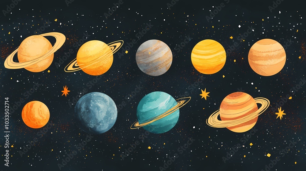 Fototapeta premium Colorful depiction of planets in vibrant colors against a dark starry background.