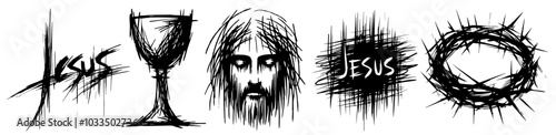 spiritual devotion represented through abstract religious symbols in black sketch
