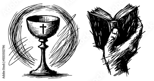 sacred christian attributes in minimalist line art style black vector
