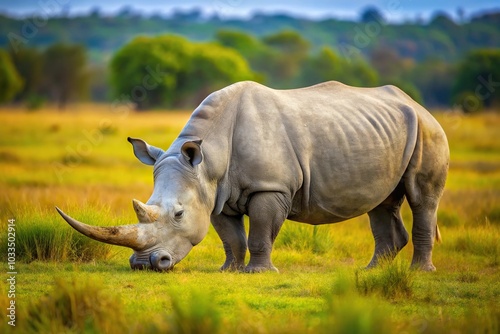 Wild white rhinoceros grazing in Africa bush