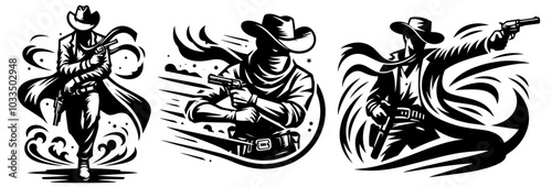 cowboy with gun in hand-drawn line art style, black vector