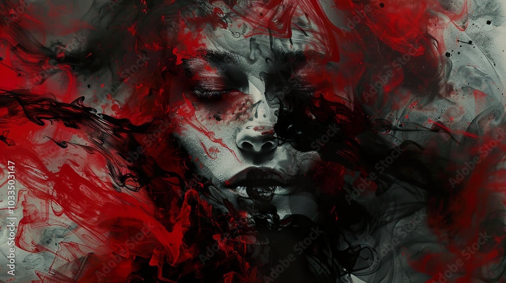 Abstract Portrait of a Woman in Red and Black Smoke