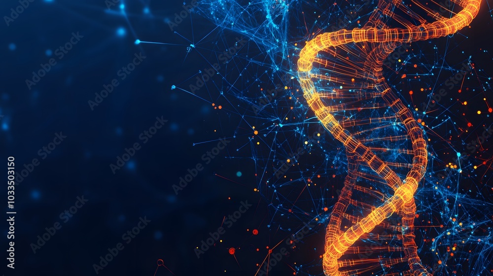 Glowing Orange DNA Strand Within a Blue Network Glowing Orange DNA Strand Within a Blue Network