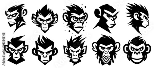 expressive monkey faces in black vector logo design with different emotions