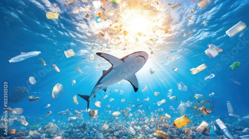 A stunning underwater scene featuring a shark swimming among ocean pollution, highlighting the impact of waste on marine life.