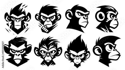 monkey portrait in black vector logo style with various facial expressions