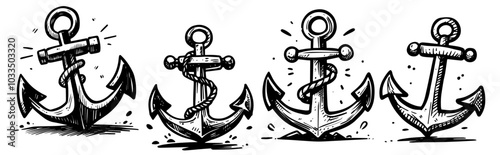 set of anchors with rope in black vector, cartoon line art style