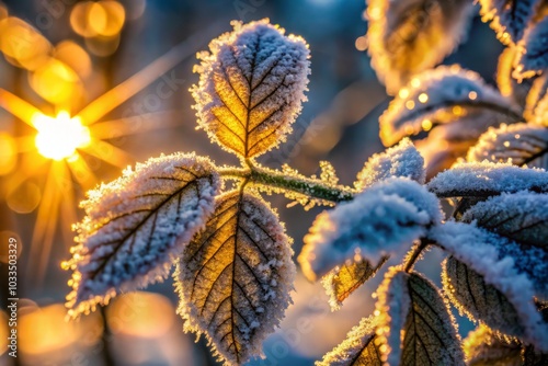 Abstract Snow Leaves Silhouette Macro in Sunlight - Nature Photography, Winter Aesthetics, Texture, Light Play, Seasonal Changes, Natural Patterns, Close-Up, Winter Wonderland, Artistic Nature