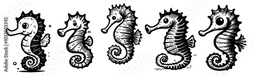 seahorse swimming  in black vector, hand-drawn style vector collection