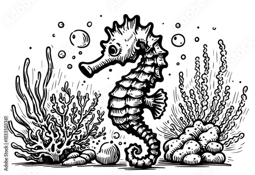 coral reef ecosystem with seahorse, hand-drawn in black vector style