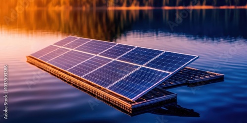 Solar panels on water surface at sunset photo