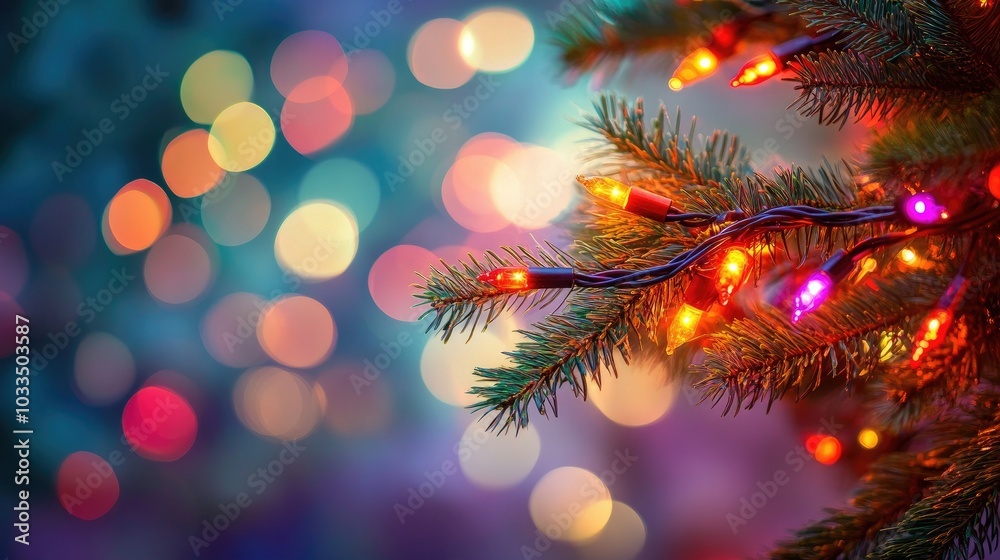 Colorful Christmas Lights on Pine Tree Branch Colorful Christmas Lights on Pine Tree Branch