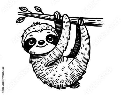 adorable sloth in cartoon style, relaxed pose, black vector