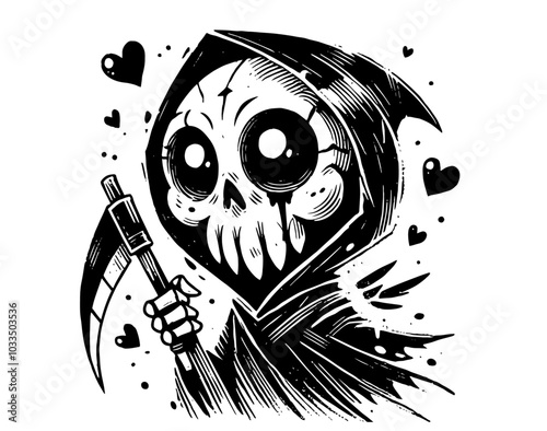 sweet baby grim reaper holding hearts in cute hand-drawn vector art black