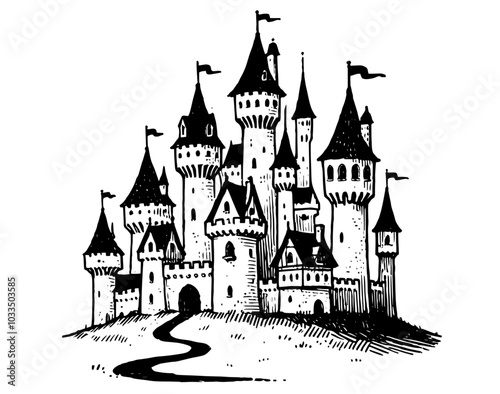 sketch of a whimsical fairytale castle, hand-drawn black vector