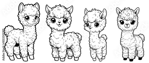 cute baby alpacas cartoon style collection, black vector