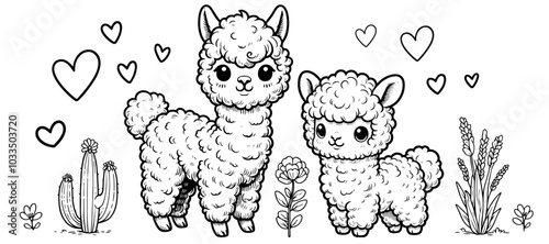 baby alpaca characters in black vector, cartoon style collection