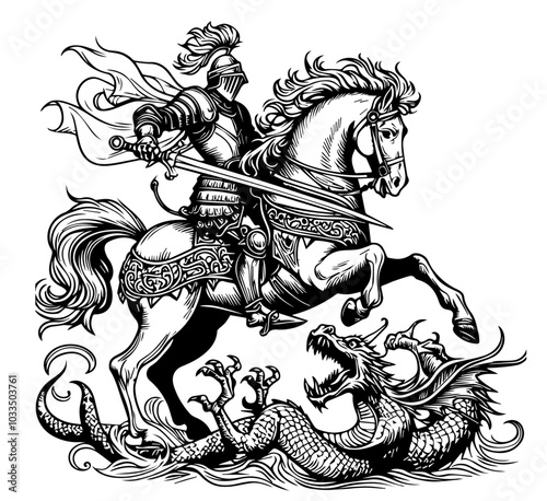elegant line art illustration of a knight on horseback, capturing the bravery and power of medieval warriors black vector