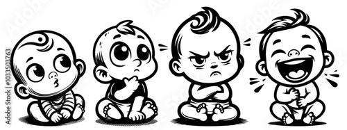 cartoon style child displaying multiple emotions, black vector design