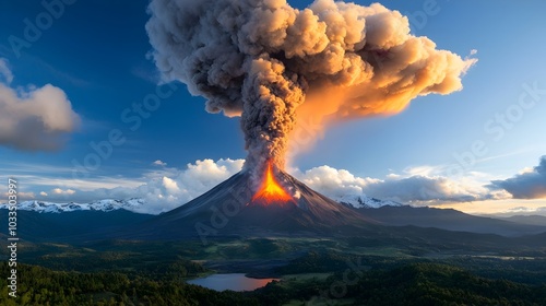 Dramatic volcanic eruption with glowing lava smoke and ash plumes illuminating the night sky  Powerful natural disaster scene with a volcanic mountain in the background photo